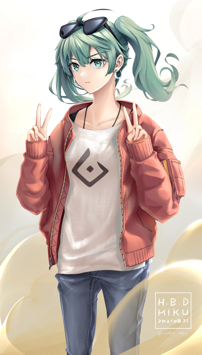 1girl alternate_costume alternate_hairstyle bangs character_name closed_mouth commentary_request dated denim earrings eyebrows_visible_through_hair eyewear_on_head green_eyes green_hair hair_between_eyes hands_up hatsune_miku head_tilt highres jacket jeans jewelry light long_hair long_sleeves looking_at_viewer open_clothes open_jacket pants red_jacket shirt signature smirk solo suna_no_wakusei_(vocaloid) sunglasses twintails v vocaloid white_shirt yokaze_(yokajie) zipper