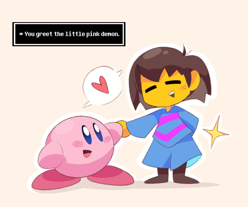 1other =_= absurdres alien androgynous beige_background blue_eyes blue_shirt blue_shorts blush crossover dialogue_box english_text frisk_(undertale) hair_behind_ear handshake heart highres kirby kirby_(series) open_mouth playcenter shirt shorts smile sparkle speech_bubble spoken_heart undertale