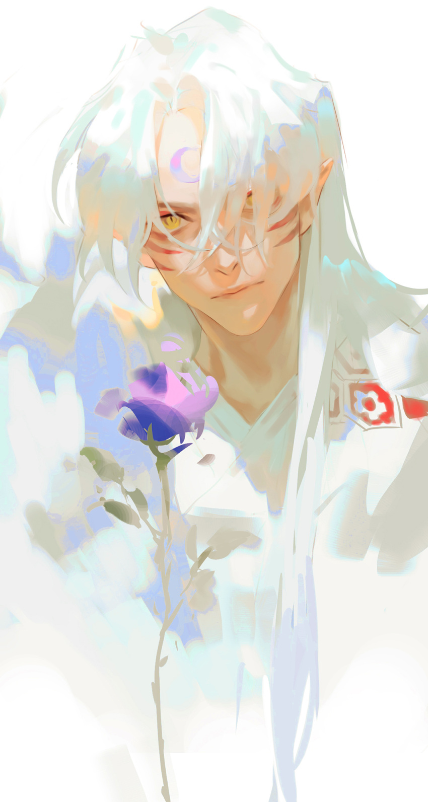 1boy bangs closed_mouth crescent facial_mark flower forehead_mark fur hair_over_one_eye highres inuyasha japanese_clothes long_hair looking_at_viewer male_focus parted_bangs pointy_ears purple_flower qiuyanga sesshoumaru simple_background solo white_background white_hair yellow_eyes