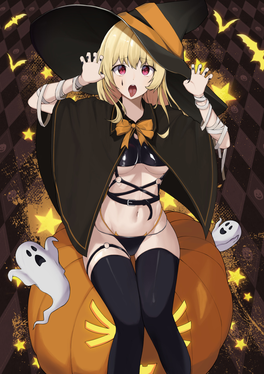 1girl :o absurdres bandages bikini bikini_bottom black_headwear black_legwear black_shirt blonde_hair bow bowtie breasts cape crop_top ghost ghost_pose halloween harness hat highres jack-o'-lantern long_hair looking_at_viewer medium_breasts multi-strapped_bikini nail_polish navel no_pants open_mouth original red_eyes revealing_clothes shirt sitting skindentation solo soriham stomach string_bikini swimsuit thigh-highs thigh_strap thighs tongue tongue_out under_boob witch_hat