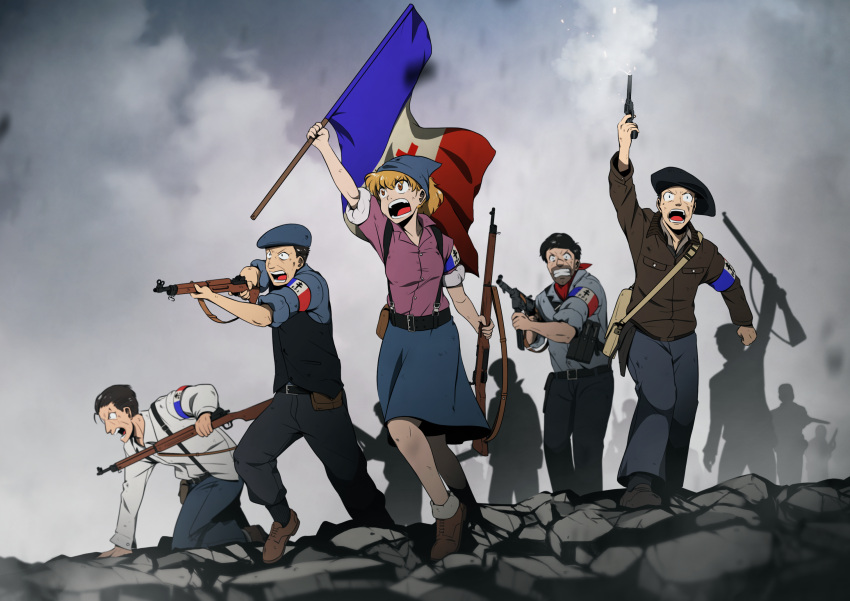 1girl 4boys arm_up armband bag bandana bangs beard belt black_belt black_hair black_pants black_shirt blue_pants blue_shirt blue_skirt brown_hair clouds cloudy_sky collared_shirt commentary english_commentary facial_hair flag french_flag french_text frown grimace gun highres holding holding_flag holding_instrument instrument kneeling long_sleeves medium_skirt mrxinom multiple_boys multiple_others open_mouth original overcast pants pouch purple_shirt revolver rifle rock satchel shirt shoes skirt sky sleeves_rolled_up standing submachine_gun suspender_skirt suspenders walking weapon white_shirt