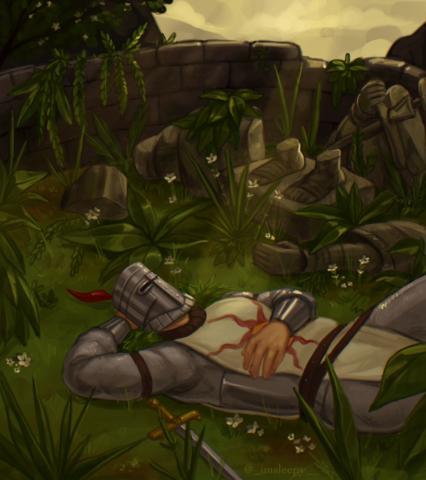 1boy armor dark_souls_(series) dark_souls_i flower grass helmet highres leaf male_focus outdoors plant resting ruins sleepysolaire solaire_of_astora stone_wall sword tabard wall weapon white_flower