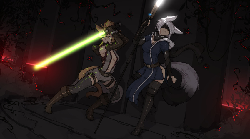 2girls absurdres against_wall animal_ears bangs bare_shoulders belt black_blindfold blindfold boots breasts brown_belt brown_gloves brown_legwear cat_ears cat_tail commission elbow_gloves energy_sword fox_ears fox_tail gloves green_hair green_lightsaber highres holding jacket large_breasts lightsaber long_hair medium_breasts multiple_girls nature navel no_bra outdoors shiny shiny_clothes short_hair shorts shuuko_(s_h_uuko) skirt smile standing star_wars sword tail thigh-highs thigh_boots tree weapon white_hair white_lightsaber
