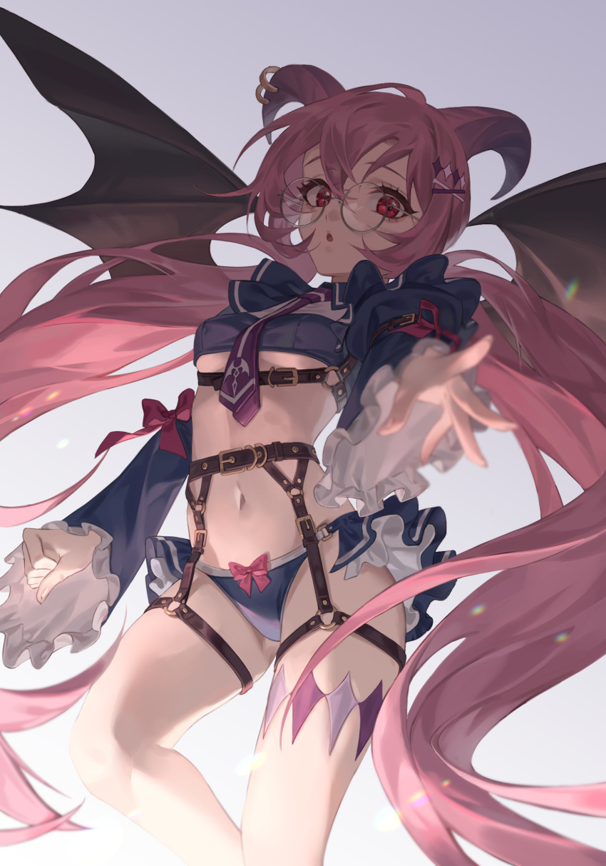1girl absurdres belt black_panties black_shirt black_skirt breasts collared_shirt crop_top demon_girl demon_horns demon_wings frills garter_belt glasses hair_ornament hairclip highres horns juliet_sleeves jyuma long_hair long_sleeves looking_at_viewer low_twintails microskirt midriff navel necktie original outstretched_arm panties parted_lips pink_hair puffy_sleeves red_eyes revealing_clothes round_eyewear shirt short_necktie showgirl_skirt skirt small_breasts solo stomach thighs twintails under_boob underwear very_long_hair wide_sleeves wings