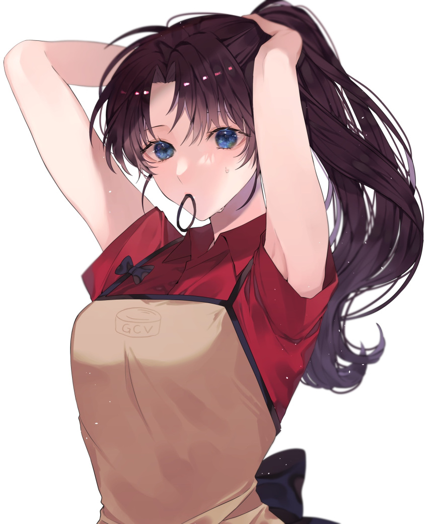 1girl adjusting_hair apron armpit_peek armpits black_hair blue_eyes breasts collared_shirt commentary fate/stay_night fate_(series) hair_tie hair_tie_in_mouth hand_in_hair highres long_hair looking_at_viewer mouth_hold partially_unbuttoned ponytail red_shirt ribbon shimatori_(sanyyyy) shirt short_sleeves simple_background solo sweatdrop tohsaka_rin tying_hair up_sleeve white_background