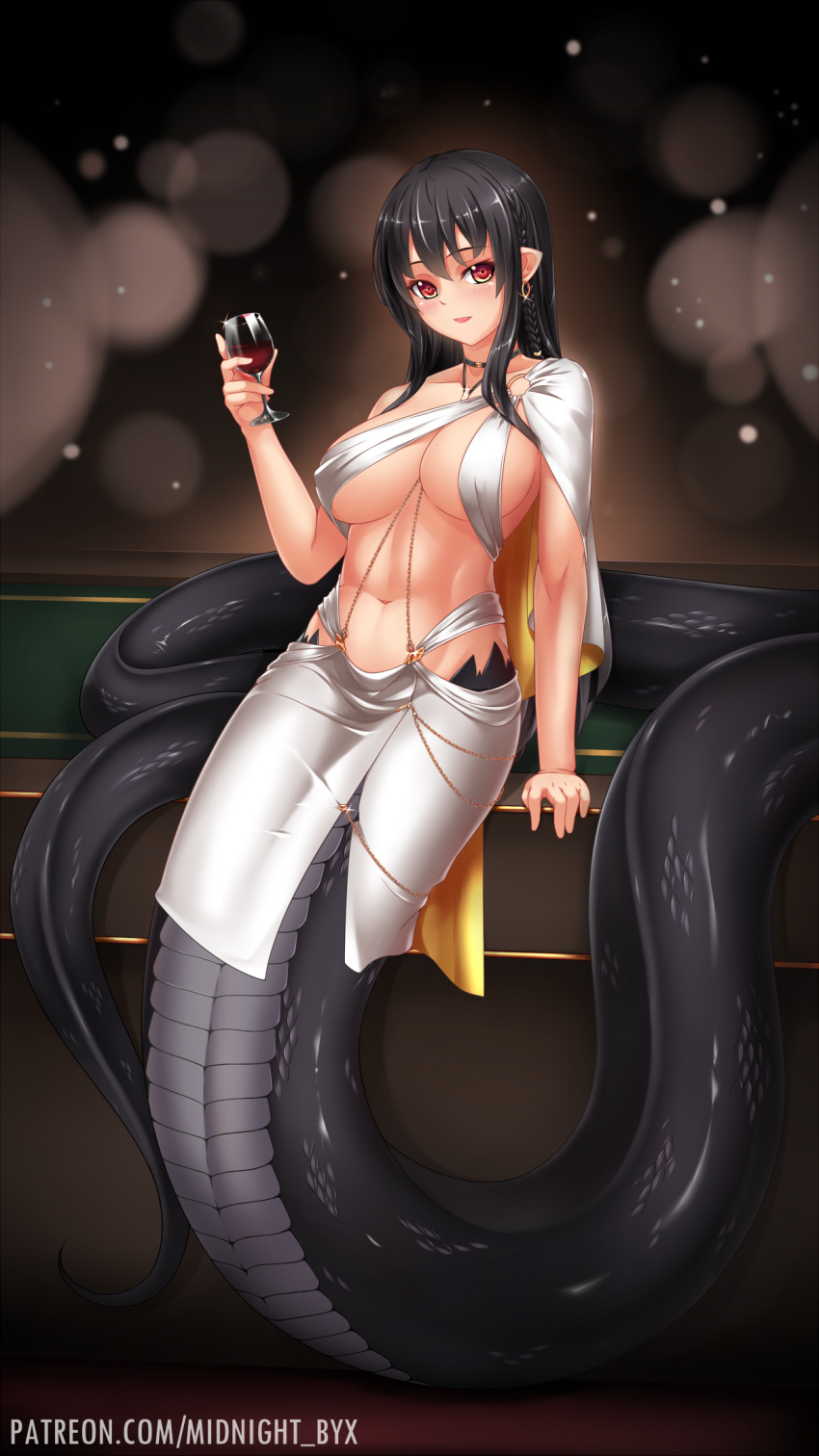 1girl bangs braid breasts cup dress drinking_glass earrings eyebrows_visible_through_hair highres jewelry lamia large_breasts looking_at_viewer midnight_(banyex) monster_girl navel original patreon_username pointy_ears red_eyes scales solo web_address wine_glass