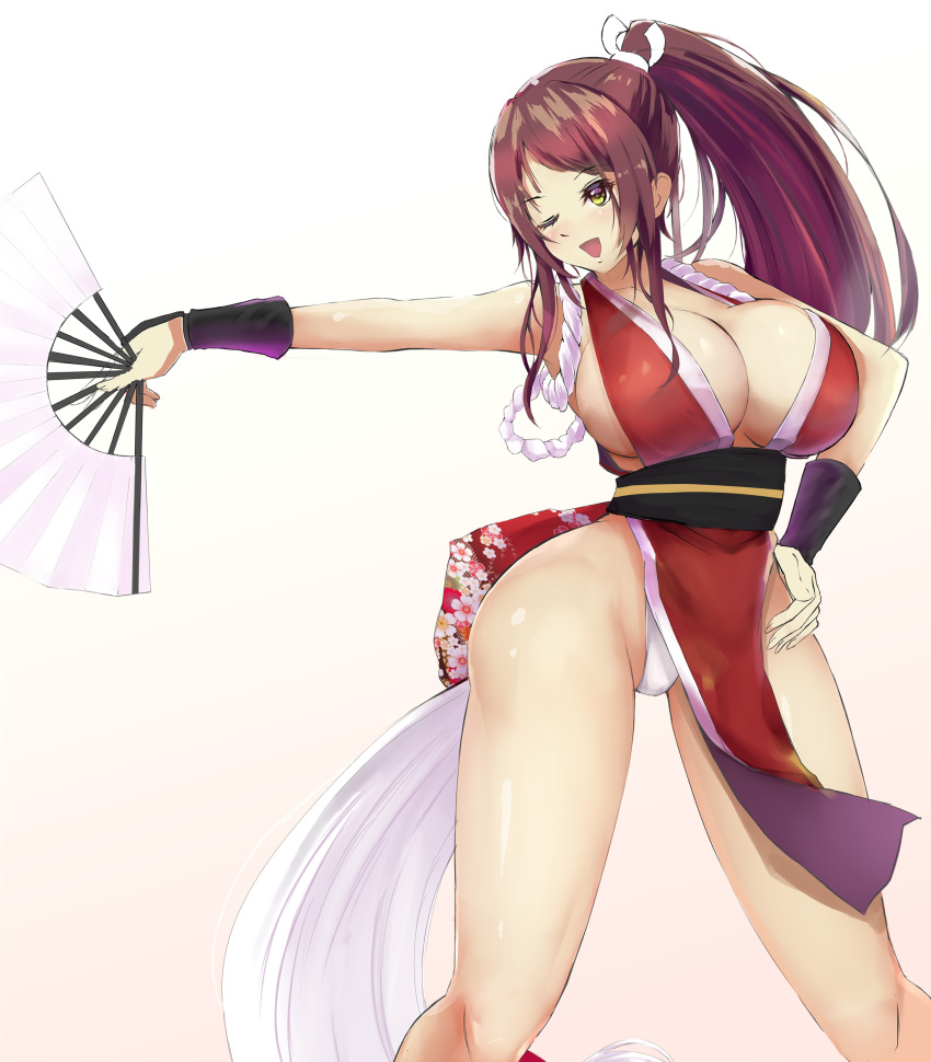 1girl absurdres bangs bare_shoulders blush breasts commentary_request fatal_fury floral_print gradient gradient_background hand_fan hand_on_hip highleg highleg_panties highres holding large_breasts long_hair mobius_(pixiv1039246) ninja one_eye_closed open_mouth panties pelvic_curtain ponytail revealing_clothes rope shiny shiny_hair shiny_skin shiranui_mai simple_background sleeveless smile solo the_king_of_fighters thighs tied_hair underwear white_panties
