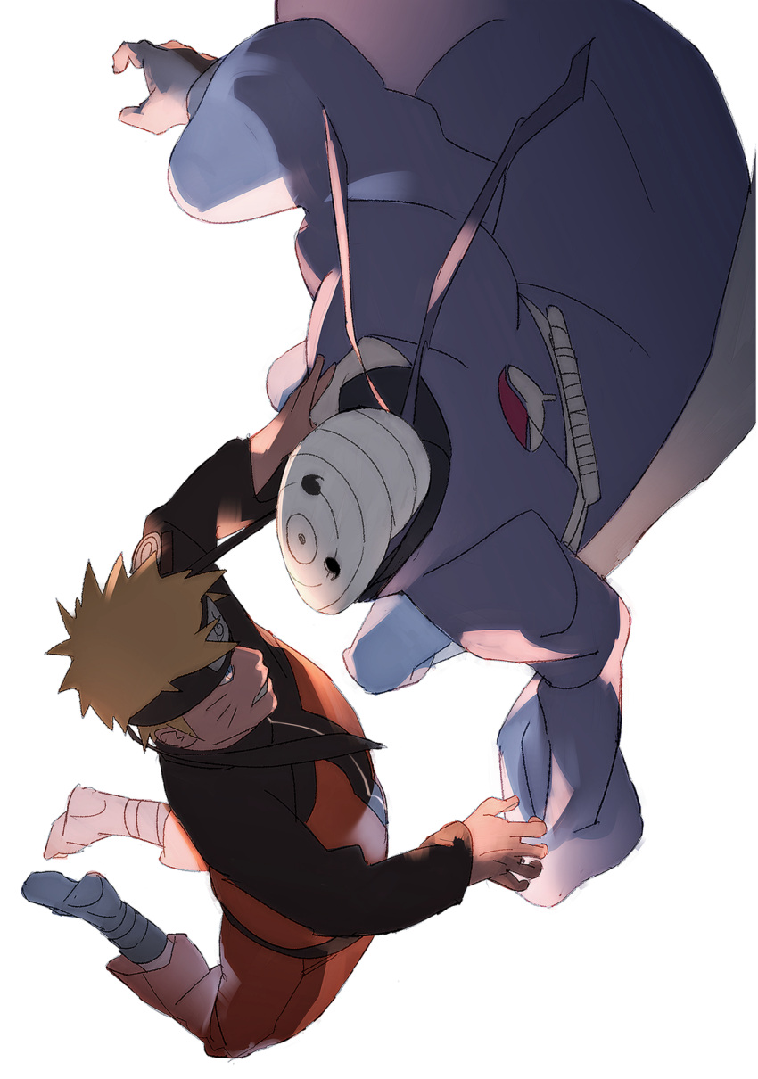 2boys black_gloves blonde_hair blue_eyes commentary_request facial_mark fighting forehead_protector gloves highres long_sleeves male_focus mask multiple_boys naruto_(series) naruto_shippuuden ninja pants sandals short_hair uchiha_obito uchiha_symbol uzumaki_naruto whisker_markings wide_sleeves zifletts