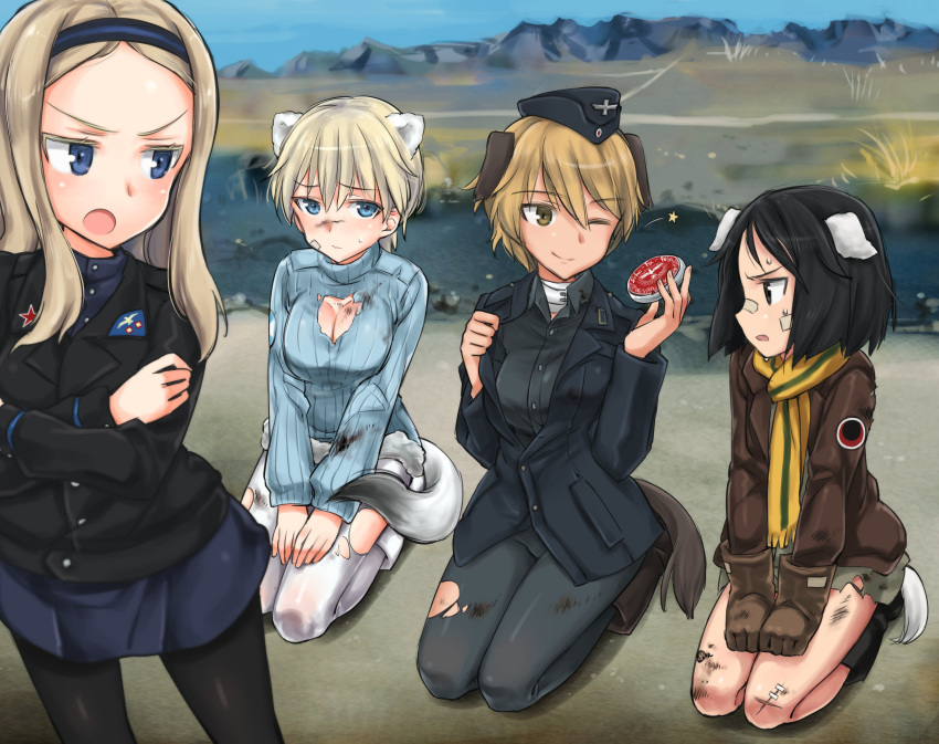 4girls ;) absurdres aleksandra_i._pokryshkin animal_ears aohashi_ame bandage_on_face bandage_on_knee bandages bandaid bandaid_on_nose bangs black_eyes black_footwear black_hair black_jacket black_legwear black_shirt blonde_hair blue_eyes blue_hairband blue_shirt blue_skirt boots brave_witches breasts brown_eyes brown_gloves brown_hair brown_jacket cleavage_cutout closed_mouth clothing_cutout collared_shirt commentary_request crossed_arms day dirty dirty_clothes emblem eyebrows_visible_through_hair frown glaring gloves hair_pulled_back hairband hands_on_lap highres jacket kanno_naoe long_hair long_sleeves looking_at_another looking_back medium_breasts miniskirt multiple_girls nikka_edvardine_katajainen no_pants one_eye_closed open_clothes open_jacket open_mouth opened_by_self outdoors pantyhose ribbed_sweater scarf seiza shirt short_hair sitting skirt smile standing star_(symbol) sweatdrop sweater tail torn_clothes torn_legwear torn_sweater v_arms waltrud_krupinski white_footwear white_legwear world_witches_series yellow_scarf