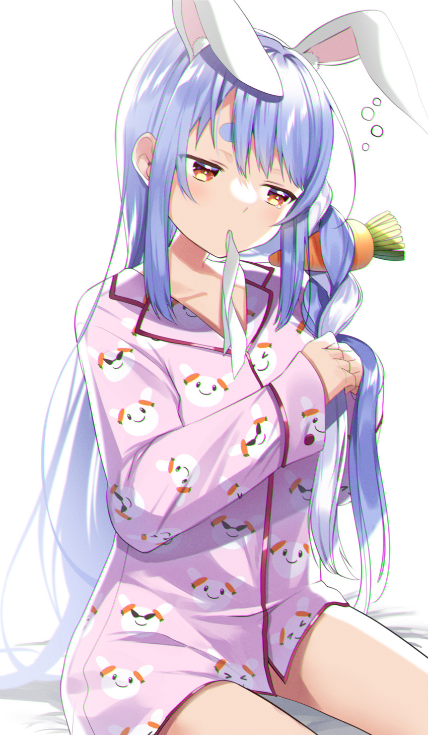 1girl absurdres animal_ear_fluff animal_ears blue_hair blush braiding_hair carrot_hair_ornament commentary_request eyebrows_behind_hair food-themed_hair_ornament hair_ornament hairdressing highres hololive kazepana long_hair long_sleeves looking_away looking_to_the_side mouth_hold multicolored_hair no_pants nousagi_(usada_pekora) pajamas rabbit_ears red_eyes simple_background sitting solo tears thick_eyebrows two-tone_hair usada_pekora very_long_hair virtual_youtuber waking_up white_background white_hair