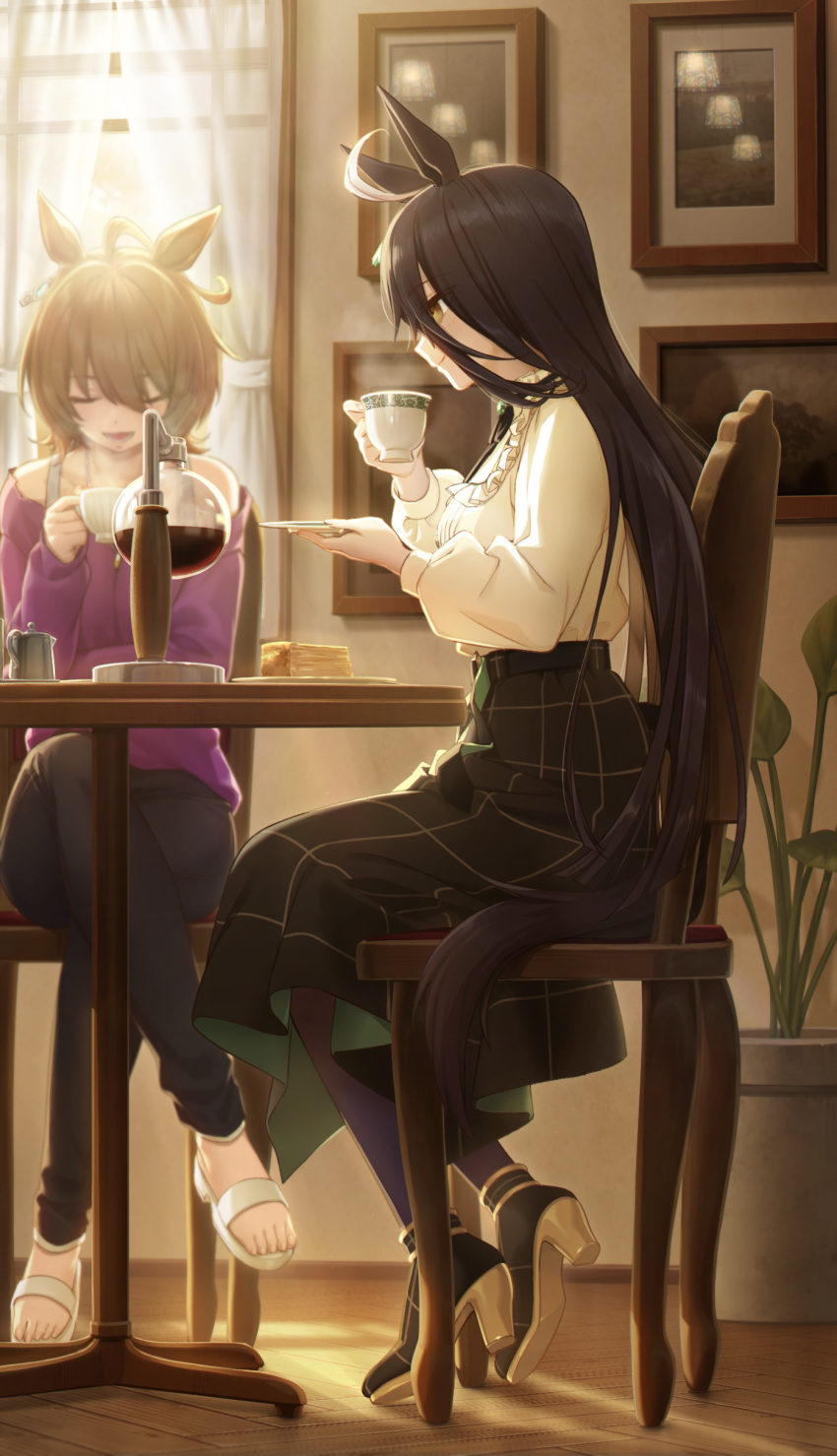 2girls absurdres agnes_tachyon_(umamusume) ahoge akabino animal_ears bangs belt black_footwear black_hair black_pants black_skirt breasts brown_hair cake cake_slice center_frills chair closed_eyes closed_mouth coffee crossed_legs cup curtains flask food frills high-waist_skirt high_heels highres holding holding_cup holding_saucer horse_ears horse_girl horse_tail indoors jewelry long_hair long_sleeves manhattan_cafe_(umamusume) medium_breasts multicolored_hair multiple_girls off-shoulder_shirt off_shoulder open_mouth painting_(object) pants pendant plant plate potted_plant purple_legwear round-bottom_flask sandals saucer shirt shirt_tucked_in short_hair sitting skirt smile steam streaked_hair table tail teacup umamusume white_footwear window yellow_eyes yellow_shirt