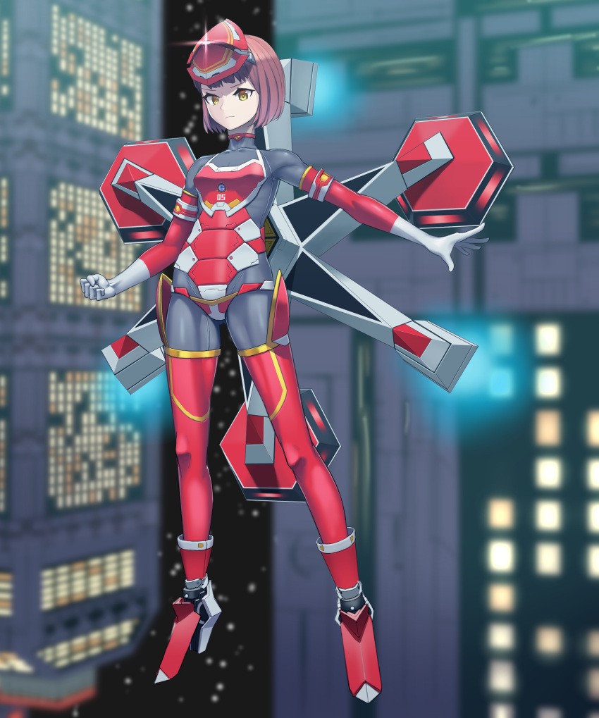absurdres armor blurry blurry_background bob_cut bodysuit breasts brown_hair building commentary_request cyborg elbow_gloves floating forehead_protector full_body gloves grey_bodysuit high_heels highres hispol_(04-uma-alpha) jetpack mecha_musume personification short_hair sky skyscraper small_breasts solo sonic_(series) sonic_adventure_2 star_(sky) starry_sky thigh-highs thrusters yellow_eyes