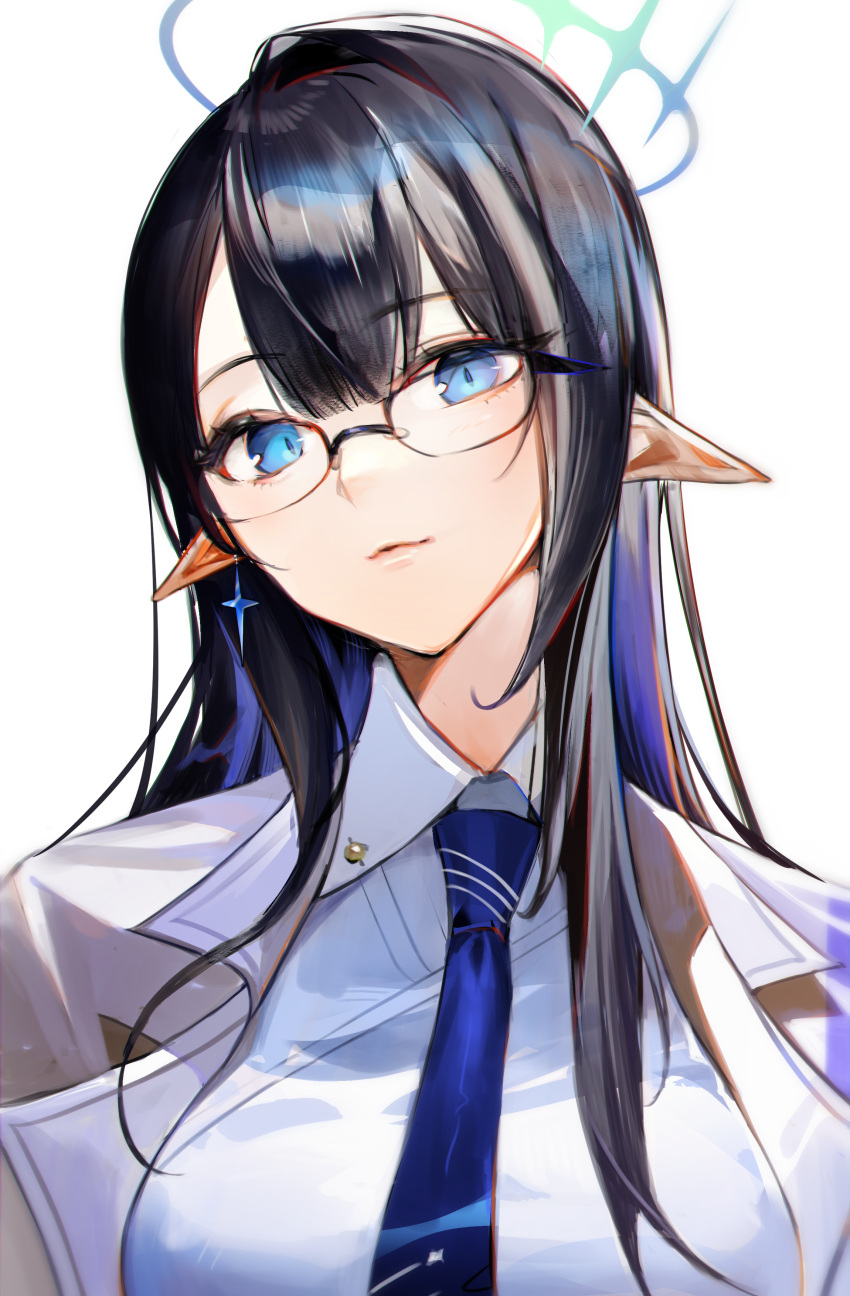 1girl absurdres bangs black_hair blue_archive blue_eyes blue_hair blue_necktie clip_studio_paint_(medium) closed_mouth collared_shirt commentary earrings eyebrows_visible_through_hair glasses halo highres jacket jewelry long_hair looking_at_viewer moko_(moko/moko) multicolored_hair necktie open_clothes open_jacket pointy_ears rin_(blue_archive) shirt simple_background solo upper_body white_background white_jacket white_shirt