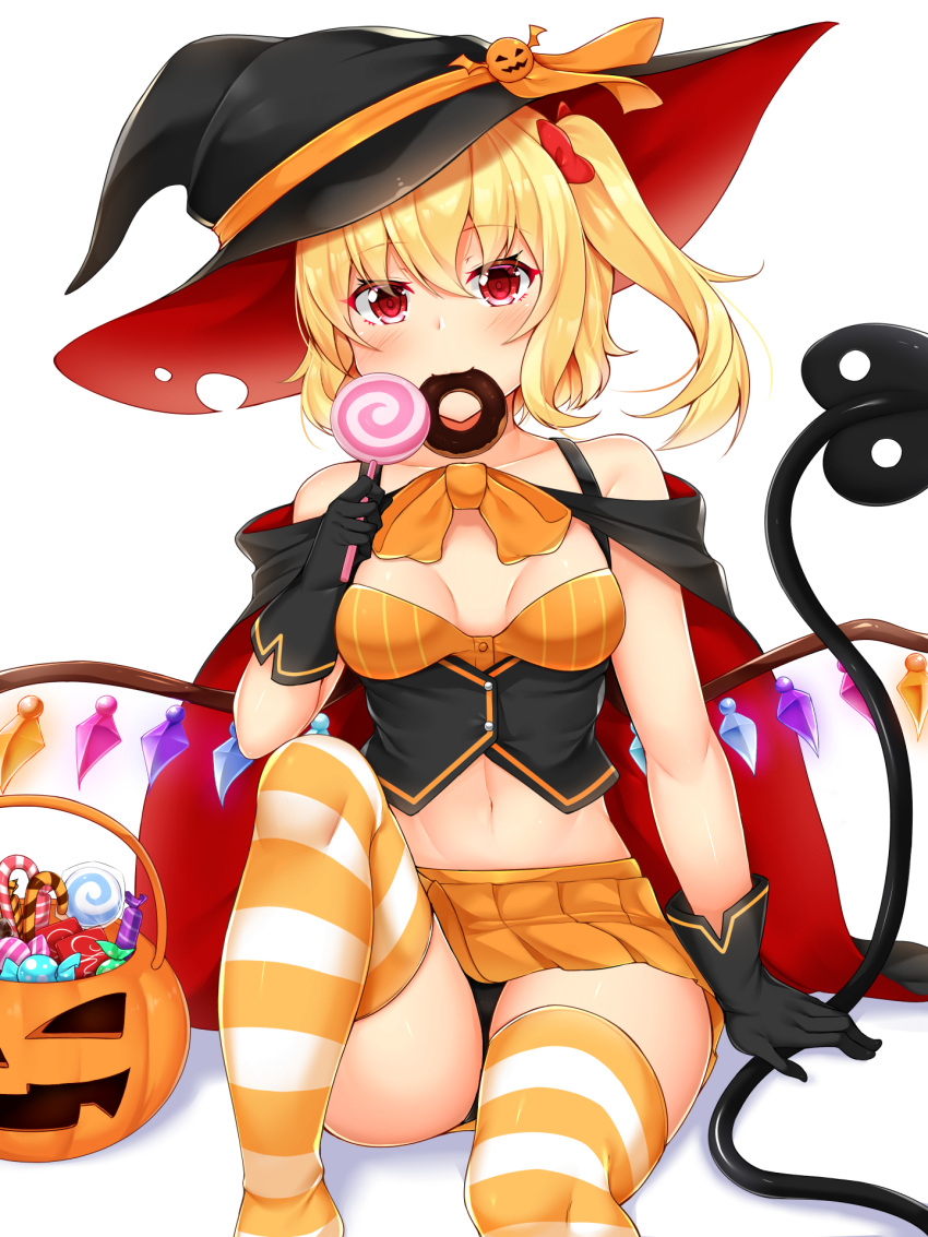 1girl alternate_costume arm_up bangs bare_shoulders black_cape black_gloves black_headwear blonde_hair blush bow breasts breasts_apart buttons candy cape collarbone commentary_request daichi_(tokoya) doughnut flandre_scarlet food food_in_mouth gloves halloween_bucket halloween_costume hat hat_bow hat_ribbon highres holding holding_candy holding_food holding_lollipop knees laevatein_(touhou) lollipop looking_at_viewer miniskirt navel one_side_up orange_bow orange_ribbon red_eyes ribbon side_ponytail simple_background sitting skirt small_breasts solo stomach striped striped_legwear thigh-highs thighs touhou two-sided_cape two-sided_fabric white_background wings witch_hat