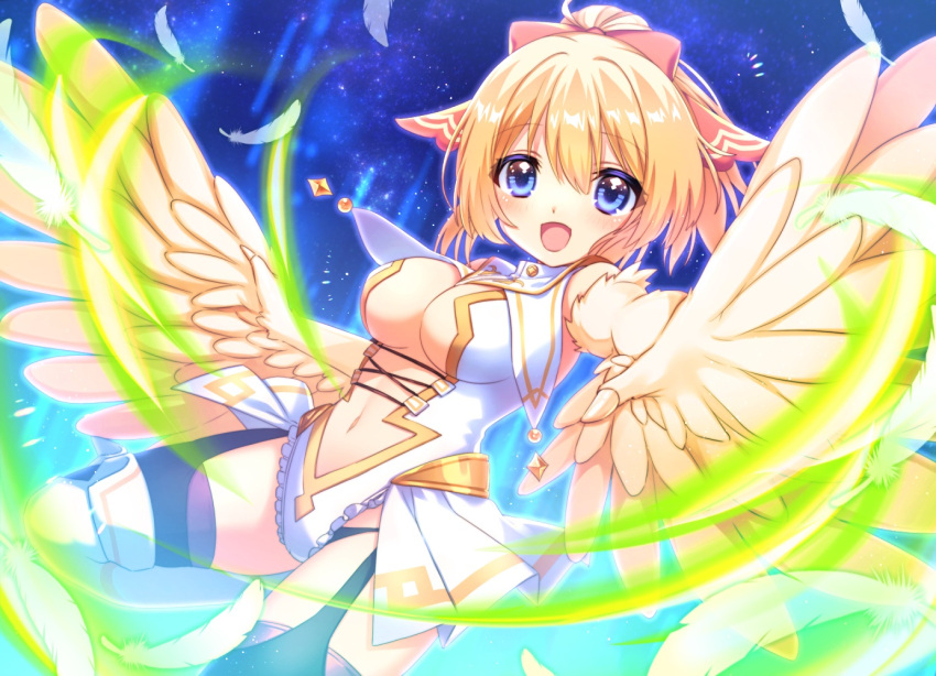 1girl bangs bare_shoulders black_legwear blonde_hair blue_eyes blush breasts clothing_cutout commentary_request eyebrows_visible_through_hair feathered_wings feathers garter_straps hair_between_eyes hair_ribbon harpy indie_virtual_youtuber leotard mavia_(vtuber) monster_girl navel navel_cutout open_mouth outstretched_arm pleated_skirt red_ribbon ribbon skirt sleeveless solo starry_background thigh-highs virtual_youtuber wada_chiyon white_leotard winged_arms wings yellow_feathers yellow_wings