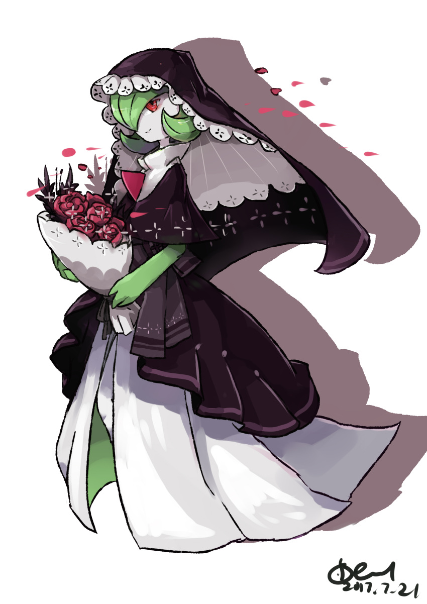 absurdres bouquet closed_mouth clothed_pokemon colored_skin commentary_request dated demon_king_fish flower gardevoir green_hair highres holding holding_bouquet petals pokemon pokemon_(creature) red_eyes red_flower short_hair signature smile solo standing white_skin