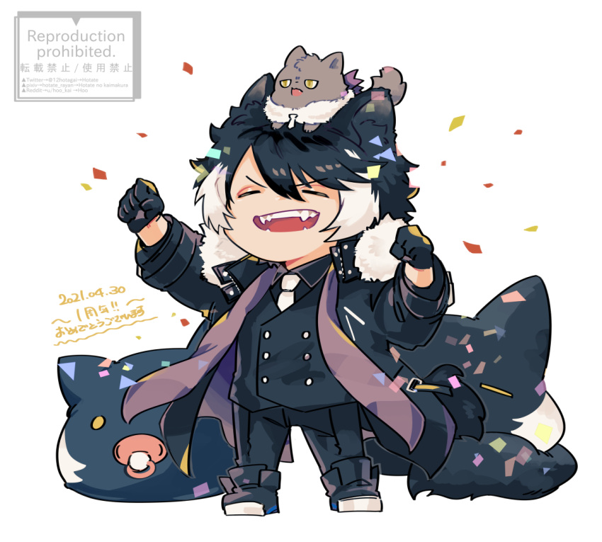 1boy animal_ears animal_on_head bangs black_coat black_hair black_pants black_shirt buttons cat cat_on_head clenched_hands closed_eyes coat confetti congratulations double-breasted eyebrows_visible_through_hair fangs fur-trimmed_coat fur_trim hair_between_eyes hands_up holostars hotate_rayan kageyama_shien multicolored_hair necktie on_head open_mouth pacifier pants pixiv_username reddit_username shirt shoes simple_background solo stole tail teeth twitter_username two-tone_hair v-shaped_eyebrows virtual_youtuber white_background white_hair white_necktie