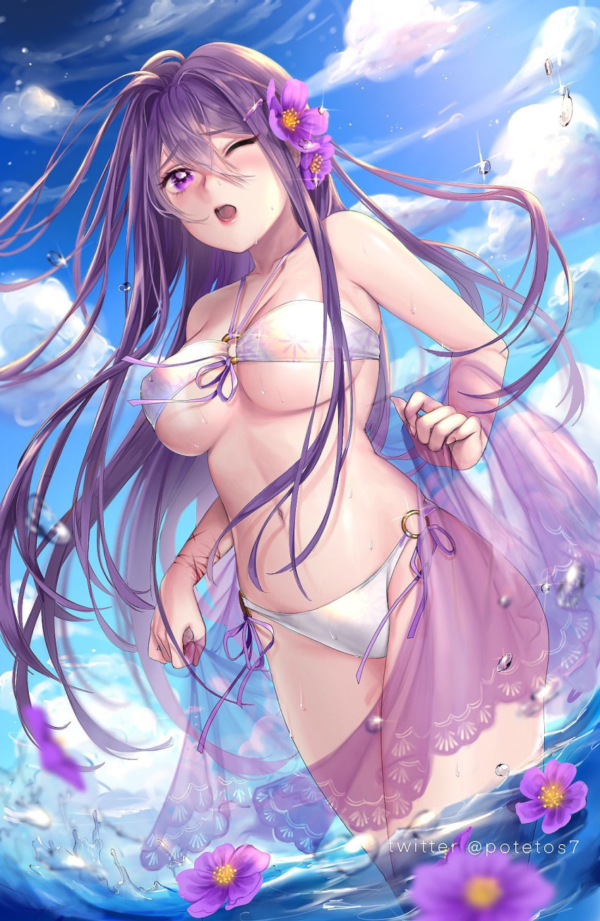 1girl ;o artist_name bangs bare_shoulders bikini blue_sky breasts clouds collarbone cuts day doki_doki_literature_club eyebrows_visible_through_hair flower hair_between_eyes hair_flower hair_ornament highres injury large_breasts long_hair looking_at_viewer navel o-ring o-ring_bikini one_eye_closed open_mouth outdoors potetos7 purple_hair sarong scar sky solo swimsuit twitter_username very_long_hair violet_eyes water water_drop white_bikini wince yuri_(doki_doki_literature_club)