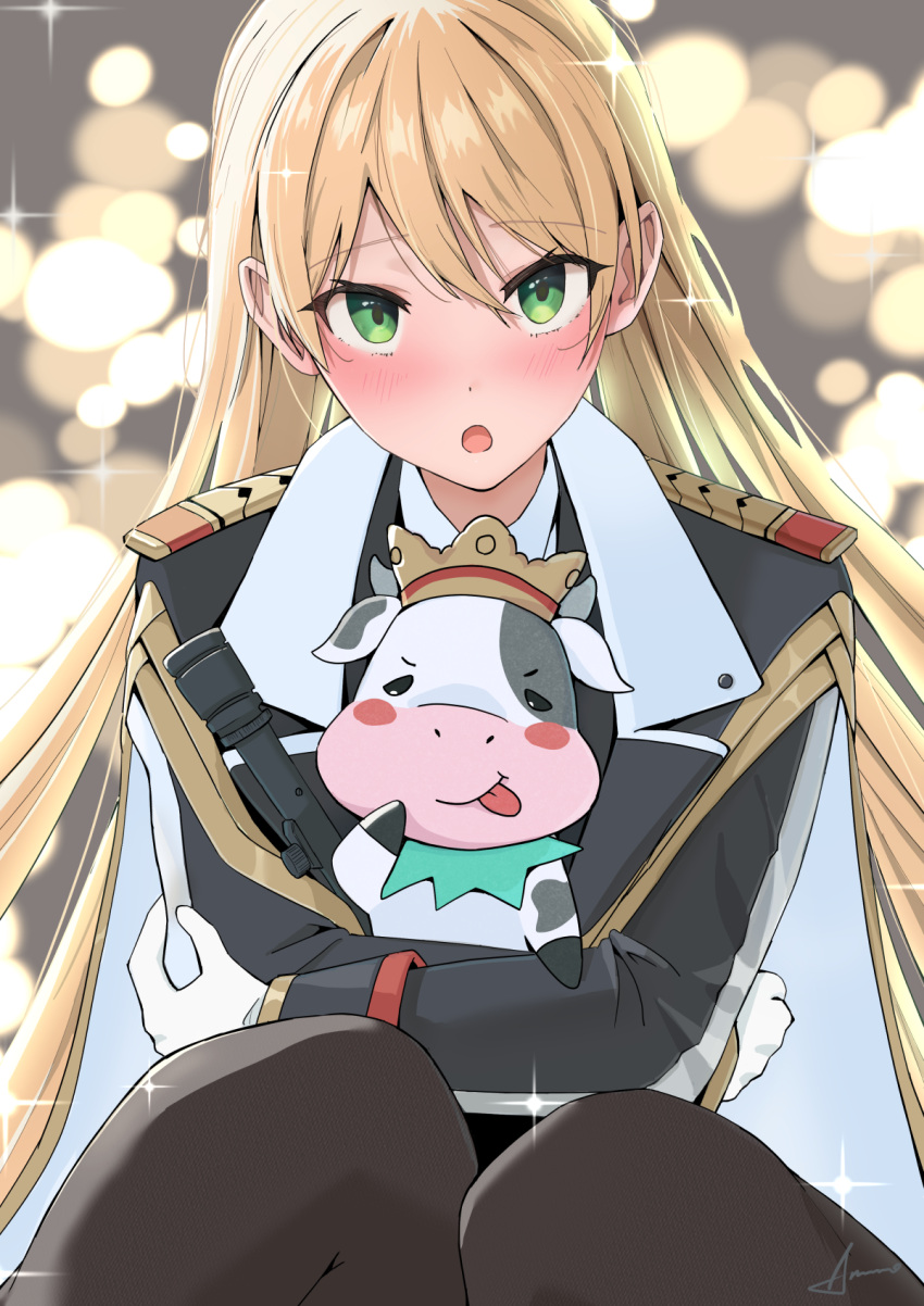 ammo21204760 blonde_hair blurry blurry_background blush bull commission commissioner_upload crown epaulettes girls_frontline gloves green_eyes highres hug long_hair looking_at_viewer military_uniform non-web_source open_mouth skeb_commission smile stg44_(girls'_frontline) stg44_(mod3)_(girls'_frontline) stuffed_animal stuffed_bull stuffed_toy thigh-highs tongue tongue_out uniform very_long_hair white_gloves