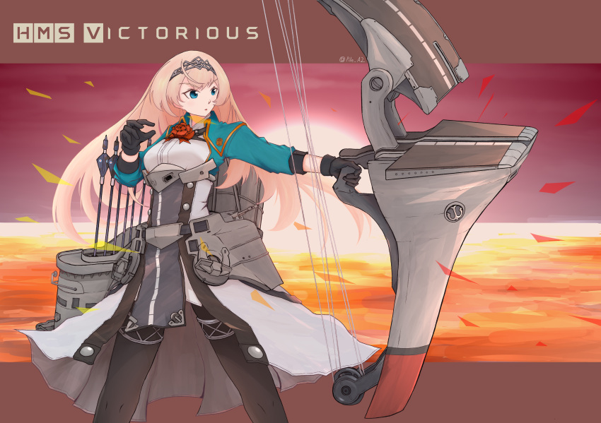 1girl absurdres arrow_(projectile) black_gloves black_legwear blonde_hair blue_eyes bow_(weapon) breasts character_name compound_bow cropped_jacket dress_shirt flower gloves green_jacket highres holding holding_bow_(weapon) holding_weapon jacket kantai_collection long_hair medium_breasts military military_uniform pairu_doraiba pantyhose pelvic_curtain quiver red_flower red_rose rigging rose shirt skirt solo tiara underskirt uniform victorious_(kancolle) weapon white_shirt white_skirt