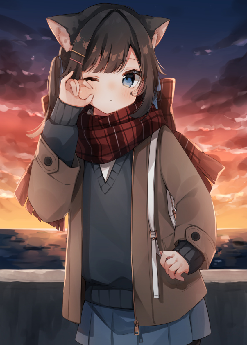 1girl animal_ears backpack bag bangs black_sweater blue_eyes blue_ribbon blue_skirt blush brown_hair brown_jacket cat_ears closed_mouth commentary_request cowboy_shot hair_ornament hair_ribbon hairclip heripiro highres jacket long_hair long_sleeves looking_at_viewer miniskirt one_eye_closed open_clothes open_jacket original outdoors plaid plaid_scarf pleated_skirt red_scarf ribbon rubbing_eyes scarf skirt sky solo standing sweater two_side_up