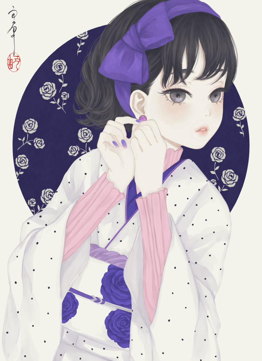 1girl absurdres bangs black_hair bow commentary earrings floral_background flower frilled_shirt frills grey_eyes hair_bow hairband hand_on_ear highres japanese_clothes jewelry kimono long_sleeves looking_to_the_side medibang_paint_(medium) nail_polish obi obiage obijime original parted_lips pink_shirt polka_dot polka_dot_kimono purple_background purple_bow purple_flower purple_nails purple_rose rose sash seal_impression shirt signature solo standing upper_body ushiyama_ame white_background white_kimono white_sash