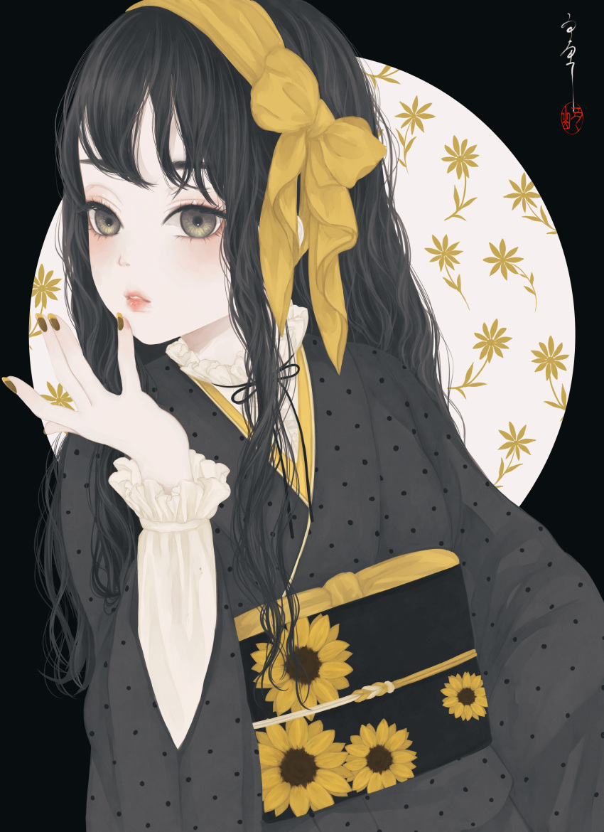 1girl absurdres bangs black_background black_hair black_sash bow brown_eyes check_commentary circle commentary commentary_request floral_background floral_print flower frilled_shirt frills grey_kimono hair_bow hairband hand_up highres japanese_clothes kimono light_blush long_hair long_sleeves looking_at_viewer medibang_paint_(medium) nail_polish neck_ribbon obi obiage obijime original parted_lips polka_dot polka_dot_kimono ribbon sash seal_impression shirt signature solo sunflower sunflower_print upper_body ushiyama_ame wavy_hair white_shirt yellow_bow yellow_flower yellow_hairband yellow_nails