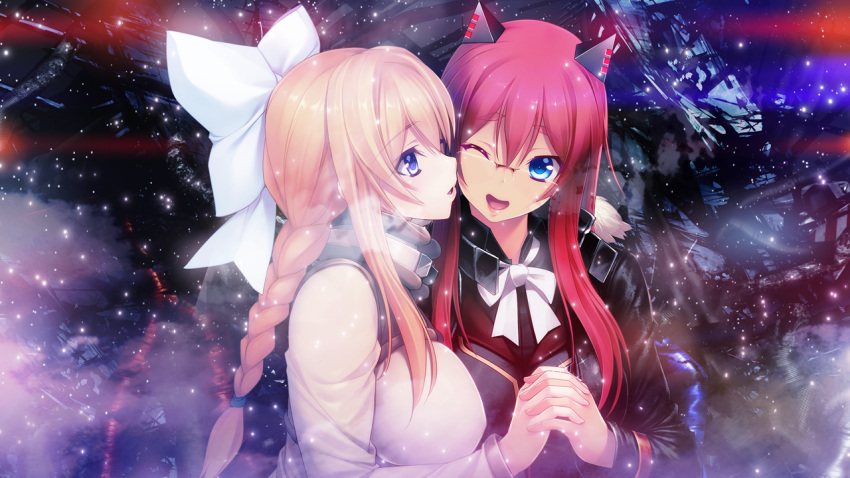 2girls ;d aso_kiriri black_jacket black_shirt blonde_hair blue_eyes bow bowtie braid braided_ponytail couple dress_shirt game_cg glasses hair_bow headgear holding_hands interlocked_fingers jacket kibanohara_ethica long_hair long_sleeves multiple_girls official_art one_eye_closed oosaki_shin'ya outdoors ponytail redhead rimless_eyewear shiny shiny_hair shirt smile tokyo_necro upper_body very_long_hair white_bow white_bowtie white_shirt yuri