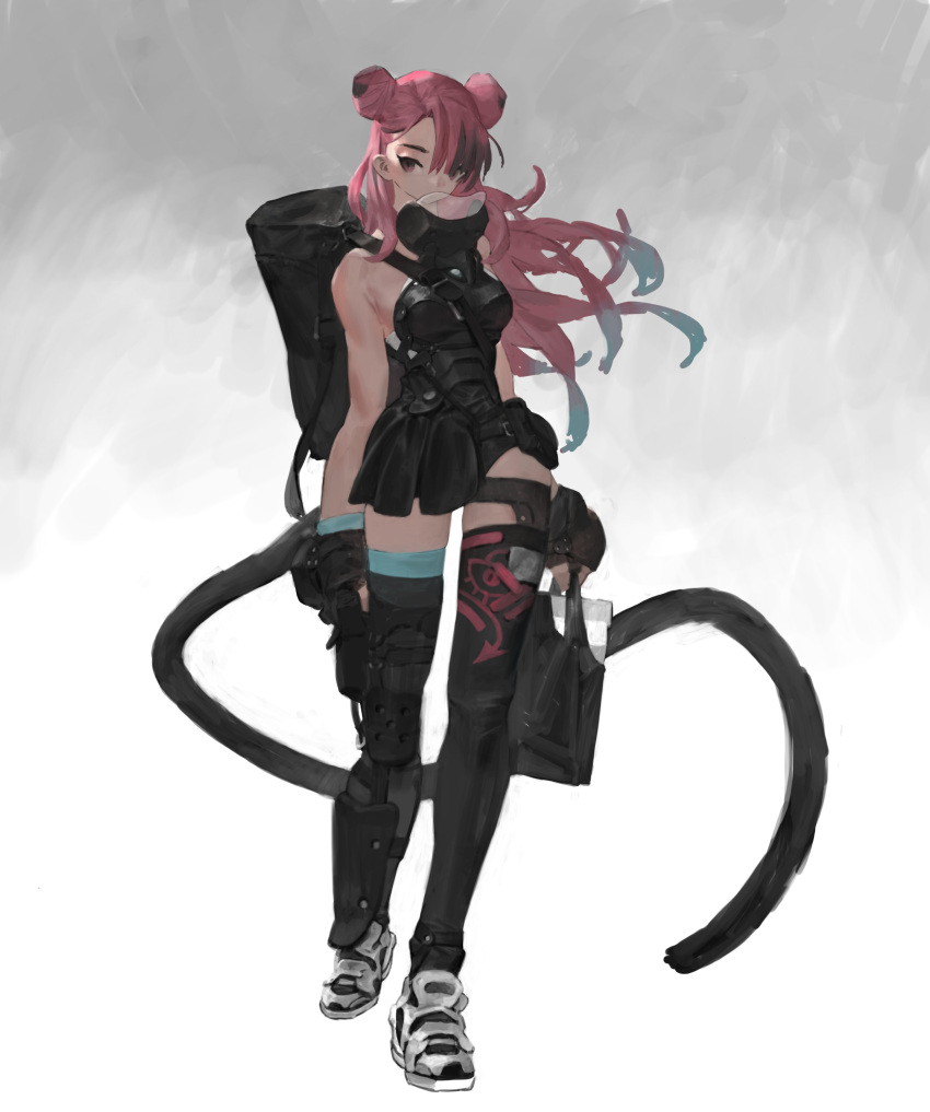 1girl absurdres armor asymmetrical_hair bangs breastplate double_bun gloves hair_over_one_eye highres long_hair looking_at_viewer mask mouth_mask multicolored_hair original pink_eyes pink_hair solo tail thigh-highs wan_young_yun