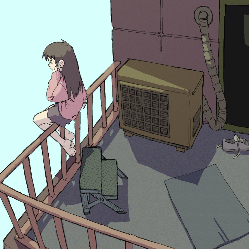 1girl ahoge air_conditioner arm_support balcony bangs barefoot brown_eyes brown_hair brown_skirt closed_mouth full_body hand_on_own_face hand_up highres hose ladder long_hair long_sleeves madotsuki outdoors pantsu-ripper pink_shirt pleated_skirt railing shirt shoes sitting sitting_on_railing skirt sky sliding_doors sneakers solo spoilers stepladder white_footwear yume_nikki