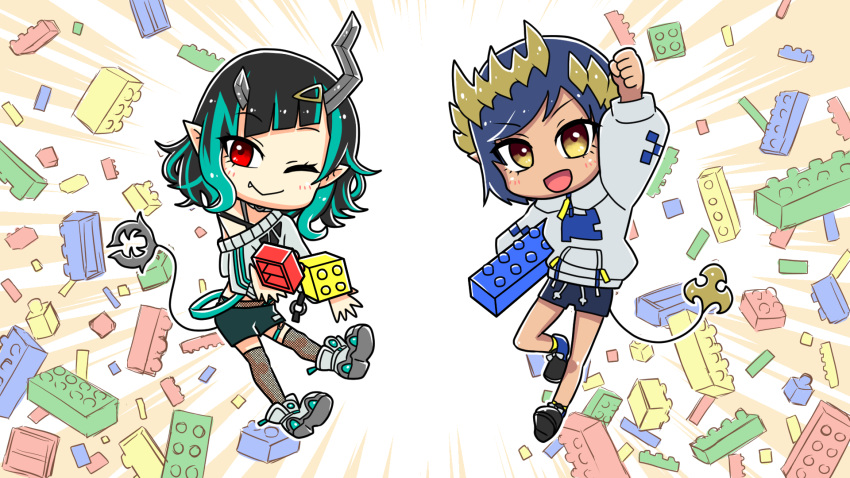 2girls arm_up bangs belt black_hair black_legwear black_shorts blue_belt blue_hair chibi closed_mouth commentary_request crown demon_girl demon_horns demon_tail engacyo_(engacyo39800yen) eyebrows_visible_through_hair fang fang_out fishnet_legwear fishnets flat_chest full_body grey_hoodie grey_sweater highres honey_strap hood hoodie horns lego long_sleeves looking_at_viewer medium_hair multicolored_hair multiple_girls off-shoulder_sweater off_shoulder official_alternate_costume one_eye_closed open_mouth pointy_ears red_eyes shimamura_charlotte shishio_chris shoes short_hair shorts smile sneakers sugar_lyric sweater tail thigh-highs two-tone_hair virtual_youtuber white_footwear yellow_eyes