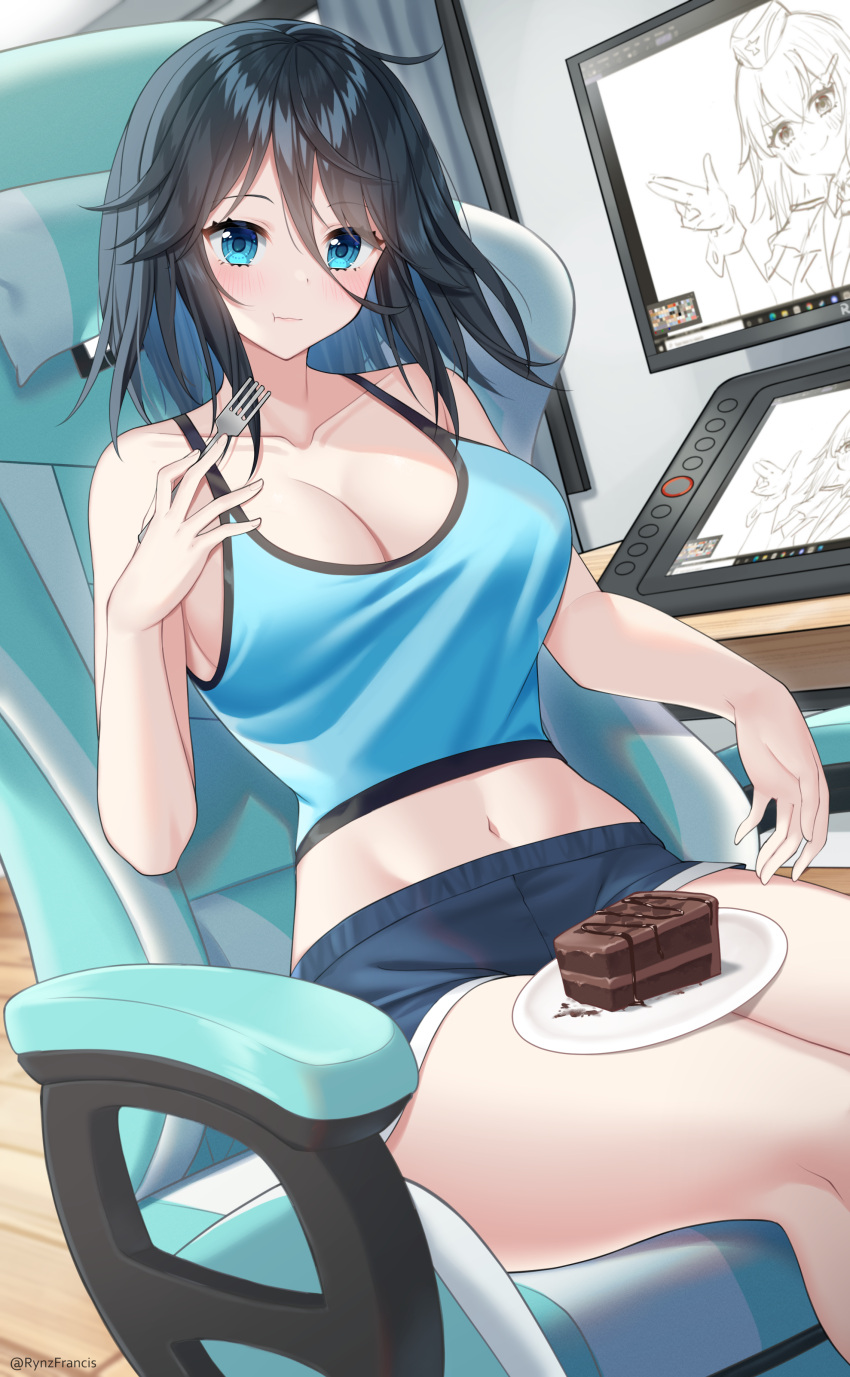 1girl absurdres bare_arms bare_shoulders black_hair blue_eyes blue_shirt blush breasts cake cake_slice chair closed_mouth collarbone drawing_tablet eyebrows_visible_through_hair food hair_between_eyes highres large_breasts medium_hair navel original plate rynzfrancis shirt short_shorts shorts sitting sleeveless solo thighs