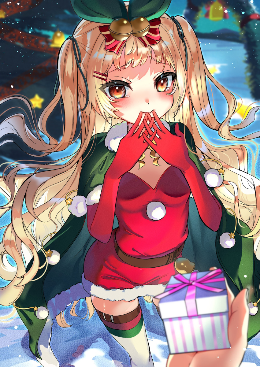 1girl absurdres azur_lane bell blonde_hair blush box cape christmas christmas_ornaments christmas_present commission crossed_fingers dress elbow_gloves fur-trimmed_cape fur-trimmed_gloves fur_trim gift gift_box gloves green_cape green_ribbon hair_ornament hairclip highres jenkins_(azur_lane) jenkins_(light_of_the_holiest_star)_(azur_lane) long_hair looking_at_viewer night official_alternate_costume pink_ribbon piyokuma red_dress red_eyes ribbon skeb_commission snow solo star_(symbol) strapless strapless_dress tears thigh-highs wavy_hair white_legwear