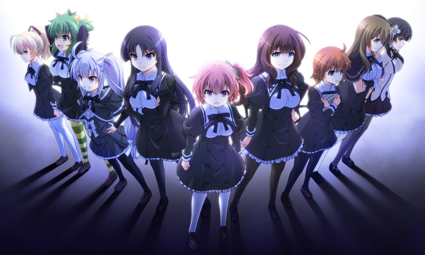 6+girls :d ahoge andou_tazusa antenna_hair arm_under_breasts arms_at_sides arms_behind_head arms_under_breasts arms_up assault_lily bangs black_capelet black_footwear black_hair black_legwear black_ribbon black_skirt blonde_hair blue_eyes blunt_bangs bow braid braided_ponytail breasts brown_footwear brown_hair buttons capelet clenched_hand closed_mouth commentary_request cropped_jacket crossed_arms detached_sleeves eyebrows_visible_through_hair fang flower frilled_skirt frilled_sleeves frills full_body futagawa_fumi gradient gradient_background green_eyes green_hair grey_background grey_legwear grin hair_between_eyes hair_bow hair_flower hair_ornament hair_over_shoulder hair_ribbon hand_on_hip hand_on_own_cheek hand_on_own_face hand_up hands_up high-waist_skirt high_ponytail highres hitotsuyanagi_riri holding holding_tablet_pc jewelry juliet_sleeves kaede_johan_nouvel kuo_shenlin large_breasts loafers long_hair long_sleeves looking_at_viewer looking_away mary_janes medium_breasts miniskirt miriam_hildegard_von_gropius multicolored_clothes multicolored_legwear multiple_girls musashiya_chougenbou neck_ribbon one_side_up open_mouth pantyhose parted_lips pink_eyes pink_hair pleated_skirt puffy_sleeves red_eyes ribbon ring school_uniform serious shadow shiny shiny_hair shirai_yuyu shirt shoes short_hair short_sleeves side-by-side silver_hair single_braid skirt smile standing striped striped_legwear tablet_pc tassel twintails two_side_up v-shaped_eyebrows very_long_hair violet_eyes wang_yujia white_background white_bow white_flower white_legwear white_shirt yellow_legwear yellow_ribbon yoshimura_thi_mai yurigaoka_girls_academy_school_uniform