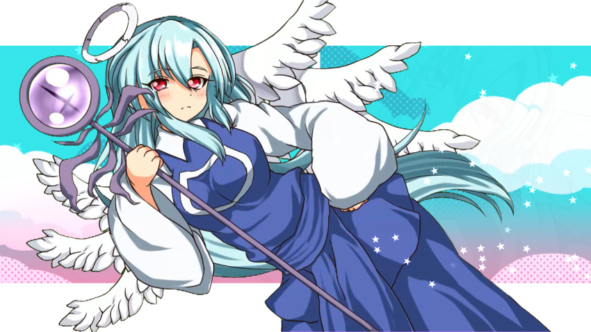 1girl 495-flan angel angel_wings blue_dress blue_hair blush breasts closed_mouth clouds commentary_request dress eyebrows_visible_through_hair eyes_visible_through_hair feathered_wings halo hand_on_hip holding holding_wand long_dress long_hair long_sleeves medium_breasts multiple_wings red_eyes sariel_(touhou) sash seraph touhou touhou_(pc-98) very_long_hair wand white_wings wide_sleeves wings