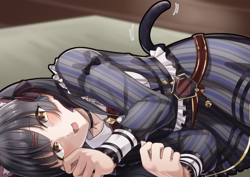 1girl animal_ear_fluff animal_ears beiske_(de_skb3) bell black_ribbon blurry blurry_background blush bow brown_eyes cat_ears cat_tail choker commentary dress eyebrows_visible_through_hair fang foreshortening frilled_dress frills hair_ornament hair_ribbon hairclip highres idolmaster idolmaster_shiny_colors long_hair long_sleeves looking_at_viewer lying mayuzumi_fuyuko motion_lines on_side open_mouth ribbon shiny shiny_hair smile solo tail tail_wagging