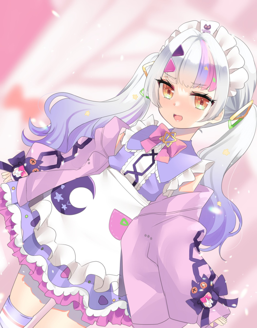 1girl apron bangs brooch commentary_request dutch_angle eyebrows_visible_through_hair highres hololive isuka jacket jewelry long_hair maid maid_apron maid_headdress multicolored_hair murasaki_shion off_shoulder open_clothes open_jacket open_mouth orange_eyes pink_jacket purple_hair silver_hair solo star_brooch thigh-highs twintails virtual_youtuber