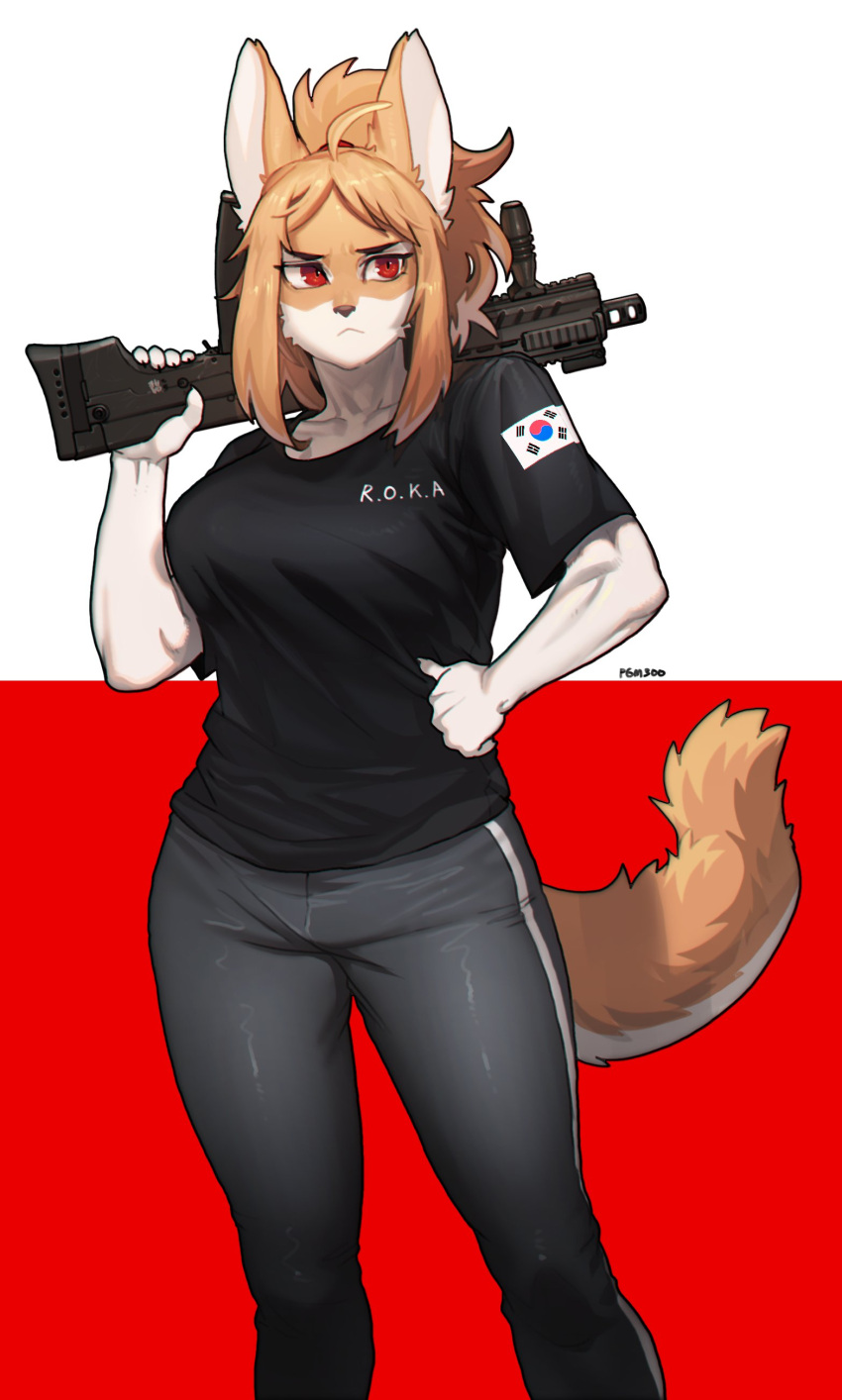 1girl absurdres ahoge animal_ears artist_name blonde_hair feet_out_of_frame fox_ears fox_girl fox_tail frown fur furry furry_female gun highres holding holding_gun holding_weapon original pants pgm300 ponytail red_background red_eyes shirt short_sleeves simple_background solo south_korean_flag standing tail two-tone_background watermark weapon white_background white_fur