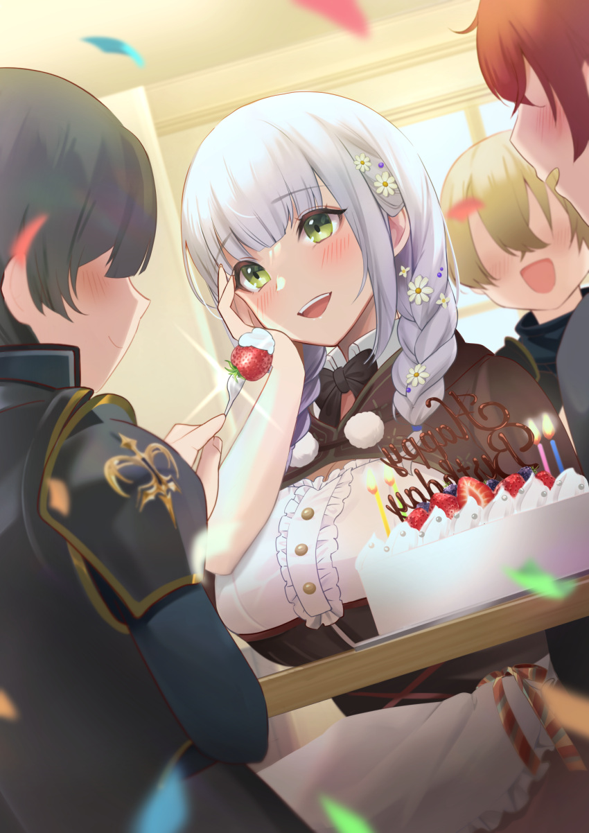 1girl 3boys :d bangs birthday_cake blunt_bangs blush braid brown_capelet cake capelet center_frills corset faceless faceless_male flower food frills green_eyes hair_flower hair_ornament highres hololive konasu_(sndk1480) long_hair low_twin_braids multiple_boys shirogane_noel shirt silver_hair sitting smile solo_focus twin_braids twintails underbust virtual_youtuber white_shirt