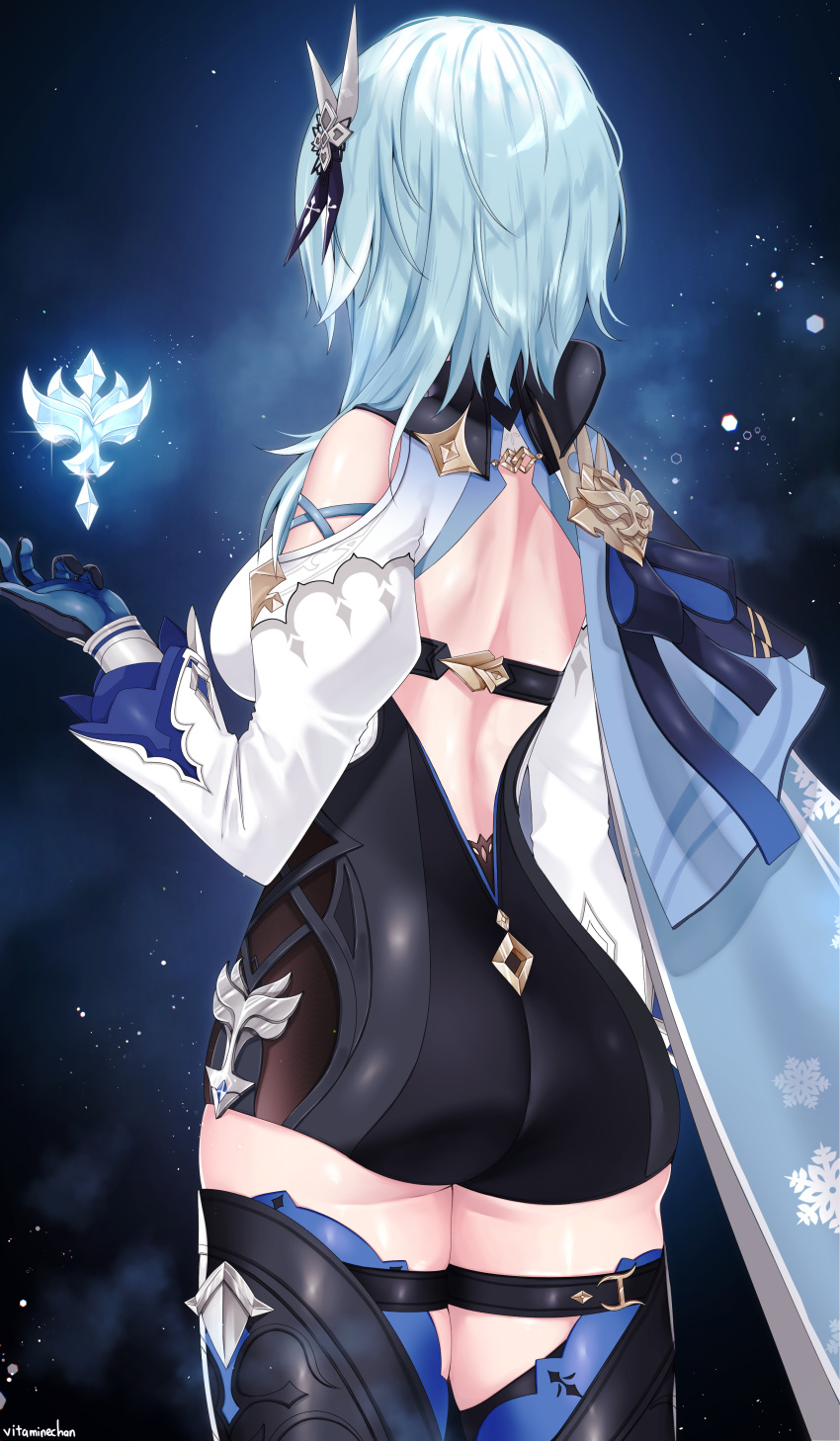 1girl absurdres arm_at_side ass backless_outfit black_legwear blue_background blue_hair blue_ribbon breasts cape clothing_cutout commentary cowboy_shot cross-laced_clothes english_commentary eula_(genshin_impact) facing_away floating floating_object from_behind genshin_impact glint hair_ornament highres ice leotard long_sleeves medium_hair ribbon shoulder_cutout snowflake_print solo thigh-highs thigh_strap vitaminechan
