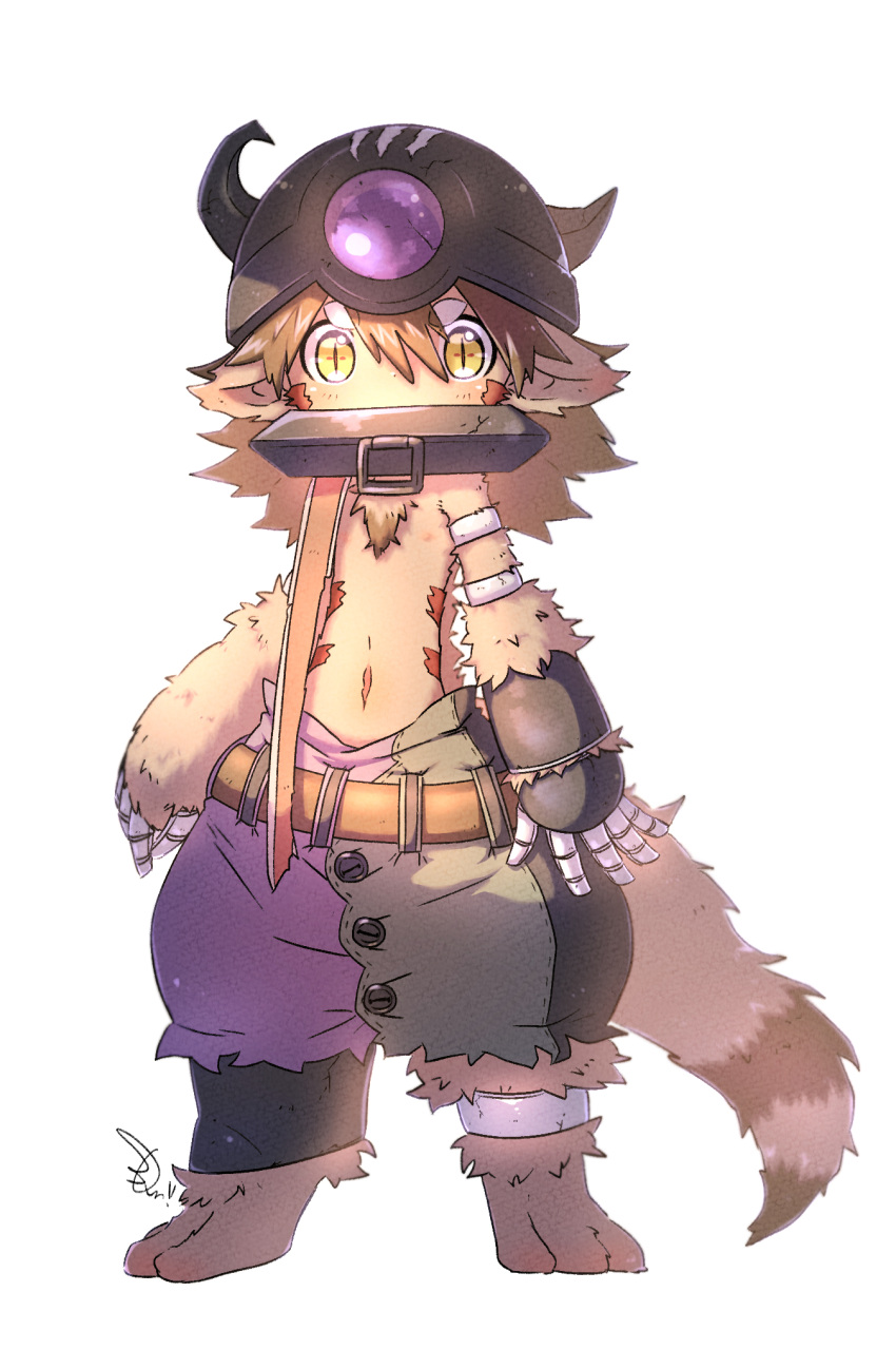 +_+ 1boy animal_ears ankle_cuffs arm_strap arms_at_sides bandam brown_fur brown_hair collar covered_mouth fake_horns full_body furrification furry furry_male hair_between_eyes helmet highres horned_helmet horns looking_at_viewer made_in_abyss mechanical_arms medium_hair regu_(made_in_abyss) shorts signature simple_background solo standing striped_tail tail topless_male white_background yellow_eyes