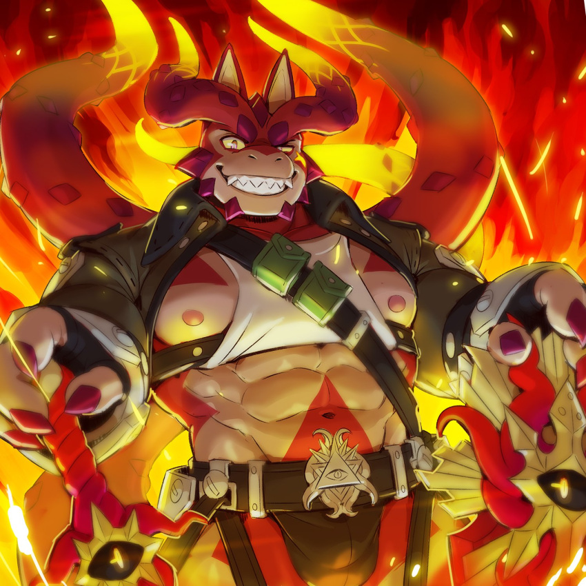 1boy between_pectorals cthugha_(housamo) furry furry_male highres horns jacketbear large_pectorals looking_at_viewer male_focus muscular muscular_male nipples octopus_boy pectorals red_eyes smile sword tentacle_hair tokyo_afterschool_summoners weapon