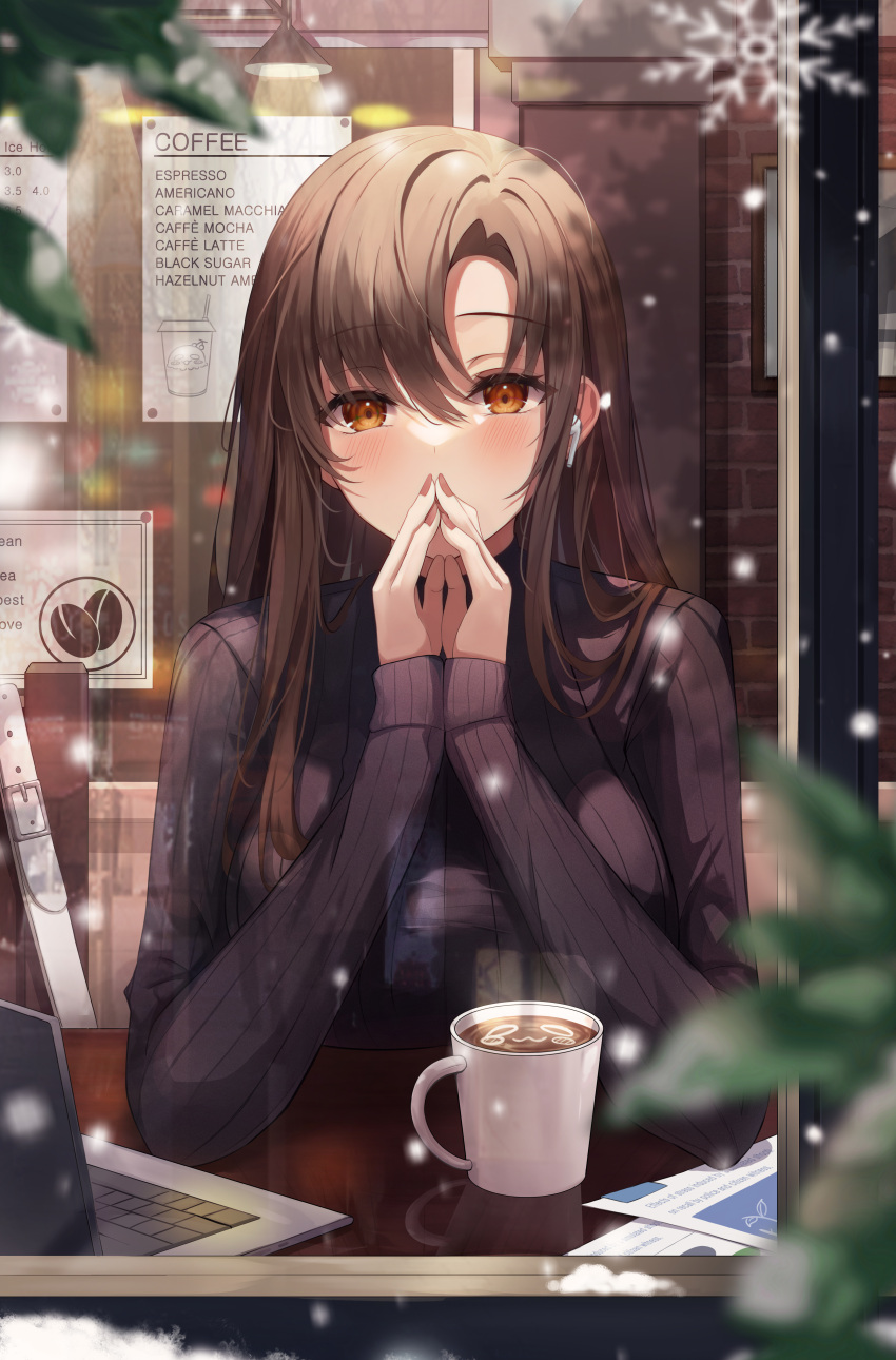 1girl absurdres air_pods bangs black_sweater blurry blush breasts brick_wall brown_eyes brown_hair cafe coffee coffee_cup commentary_request computer covering_mouth cup depth_of_field disposable_cup eyebrows_visible_through_hair gongha highres laptop large_breasts latte_art leaf long_hair looking_at_viewer menu nail_polish original own_hands_together plant potted_plant revision sidelocks sitting snowflakes snowing solo sweater turtleneck turtleneck_sweater window