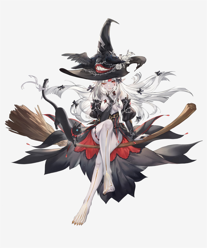 1girl bangs bird black_cat blush bow broom broom_riding cat criin eyebrows_visible_through_hair flower hair_bow hair_ornament hat highres long_hair looking_at_viewer one_eye_closed original pantyhose red_eyes rose simple_background solo white_background white_flower white_hair white_legwear white_rose witch