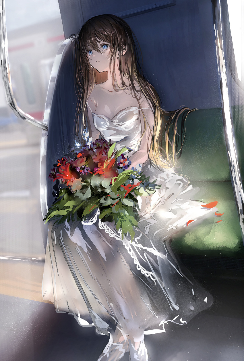 1girl absurdres black_hair blue_eyes bouquet bridal_veil bride closed_mouth crying crying_with_eyes_open dress flower ground_vehicle highres holding holding_bouquet looking_afar looking_at_viewer nanaponi original seat solo tears train train_interior veil wedding_dress white_dress