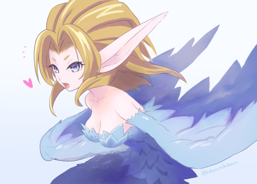 1girl bare_shoulders blonde_hair blue_eyes blue_feathers blue_wings breasts commentary_request fangs feathers harpy heart highres koharutokoharu large_ears long_hair medium_breasts monster_girl open_mouth pointy_ears seiken_densetsu seiken_densetsu_3 simple_background solo twitter_username white_background winged_arms wings