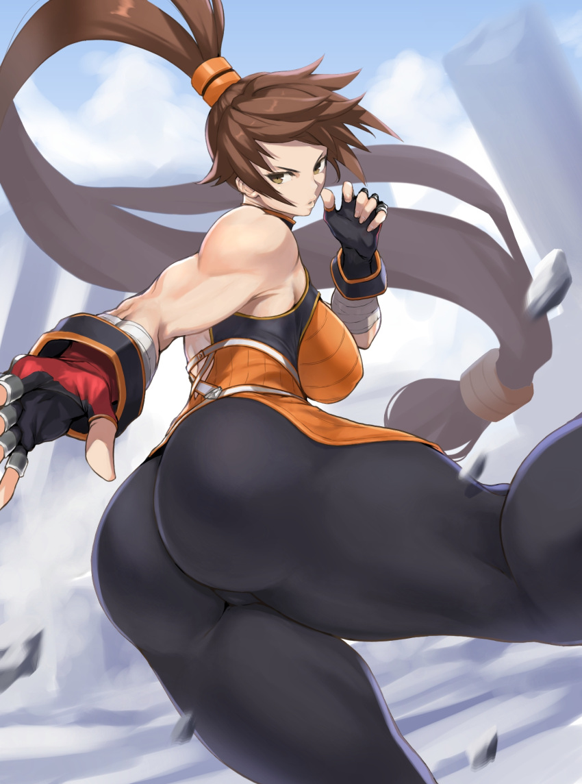 1girl anagumasan ass bandages bangs bare_shoulders breasts brown_eyes brown_hair commentary_request dungeon_and_fighter fighter_(dungeon_and_fighter) fighting_stance fingerless_gloves fingernails gloves hair_ornament highres kicking long_hair looking_at_viewer low-tied_long_hair medium_breasts muscular muscular_female pants parted_lips shiny shiny_hair simple_background skin_tight sleeveless solo spandex very_long_hair