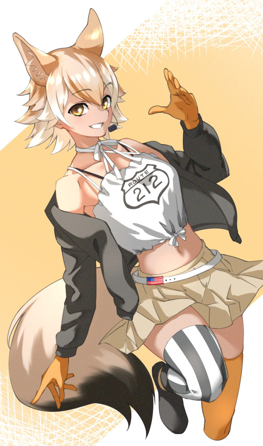 1girl absurdres american_flag animal_ear_fluff asymmetrical_legwear bangs black_jacket brown_eyes clothes_writing collarbone commentary coyote_(kemono_friends) coyote_ears coyote_girl coyote_tail extra_ears eyebrows_visible_through_hair gloves grin hair_between_eyes headset highres jacket kemono_friends kemono_friends_v_project light_brown_hair looking_at_viewer midriff multicolored_hair navel off_shoulder open_clothes open_jacket orange_gloves orange_legwear short_hair skirt smile solo striped striped_legwear tanabe_(fueisei) vertical-striped_legwear vertical_stripes virtual_youtuber white_hair
