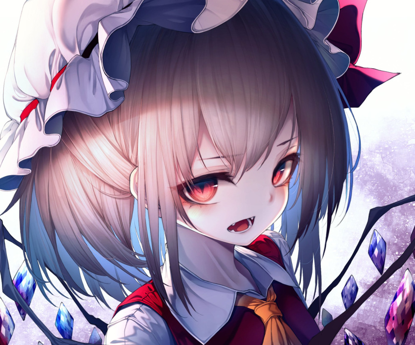1girl ascot bangs blonde_hair blush bow collarbone collared_shirt crystal eyelashes fangs flandre_scarlet hat hat_bow hat_ribbon highres hito_komoru lower_teeth mob_cap open_mouth puffy_short_sleeves puffy_sleeves red_bow red_ribbon red_vest ribbon shirt short_hair short_sleeves sidelocks slit_pupils solo standing teeth tongue touhou upper_body upper_teeth vest white_headwear wing_collar wings yellow_ascot