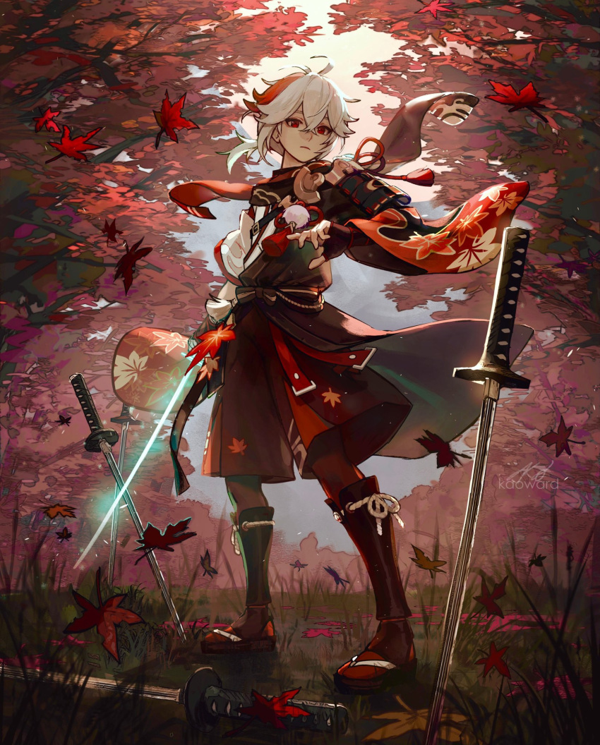 1boy antenna_hair armor artist_name autumn autumn_leaves bangs belt black_gloves commentary crossed_bangs english_commentary fingerless_gloves flower_knot forest full_body genshin_impact gloves grass hakama hakama_shorts highres holding holding_sword holding_weapon japanese_armor japanese_clothes kaedehara_kazuha katana leaf leg_armor looking_at_viewer low_ponytail male_focus maple_leaf multicolored_hair nature outdoors pants pauldrons planted planted_sword pom_pom_(clothes) red_eyes red_legwear red_pants red_scarf redhead sandals scarf serious short_hair shorts shoulder_armor shoulder_belt signature single_pauldron sode solo standing streaked_hair sword tabi tassel tree uglykao weapon white_hair
